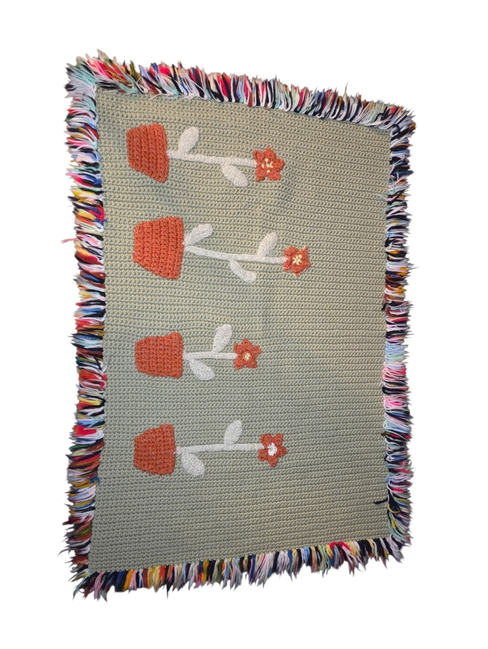 Handmade Knit Floral Floor Mat With Rainbow Fringe